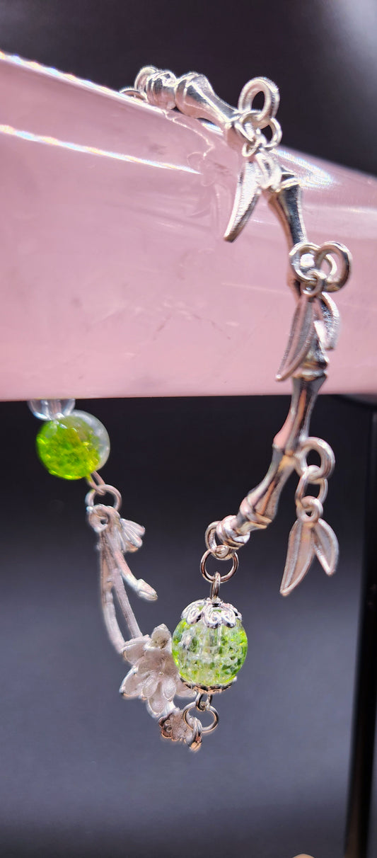 Silver & Green Glass Crystal Charm Bracelet